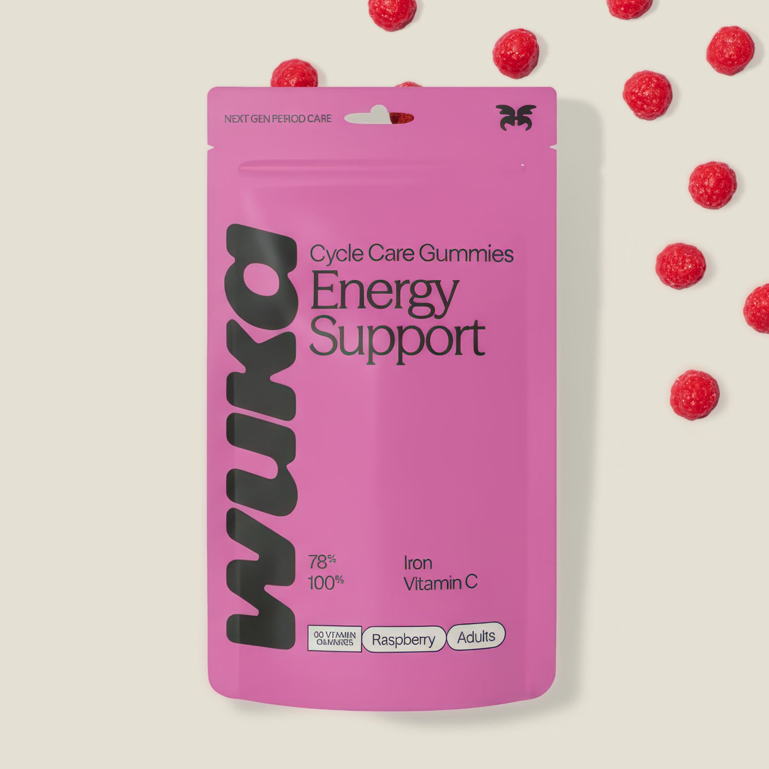Front view of WUKA Cycle Care adult iron support gummies pouch with raspberry gummies – vegan vitamin supplement for fatigue relief.