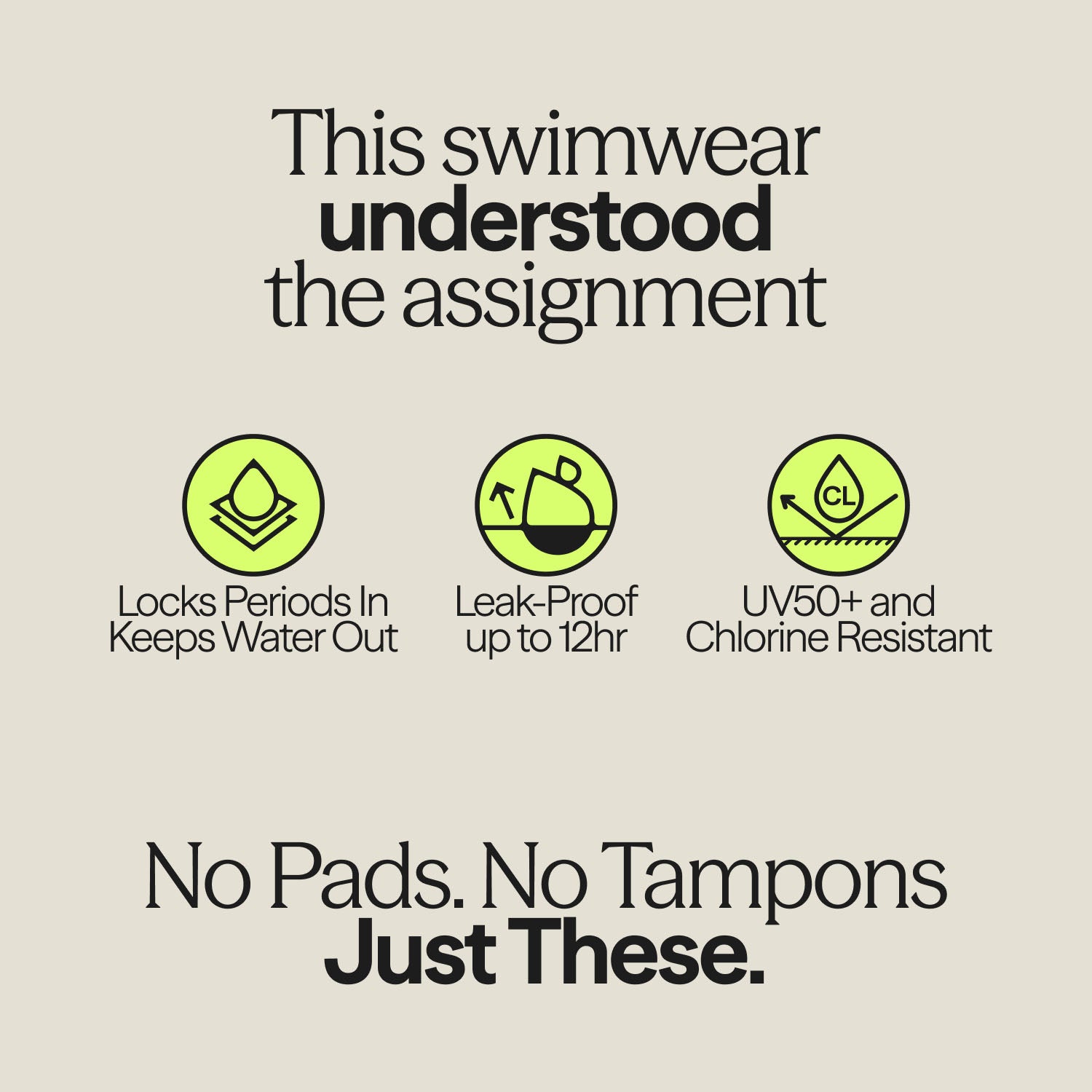 Graphic for WUKA Teen Period Swimwear featuring benefits like leak-proof up to 12 hours, UV50+ protection, and chlorine resistance, with tagline “No pads. No tampons. Just these.”