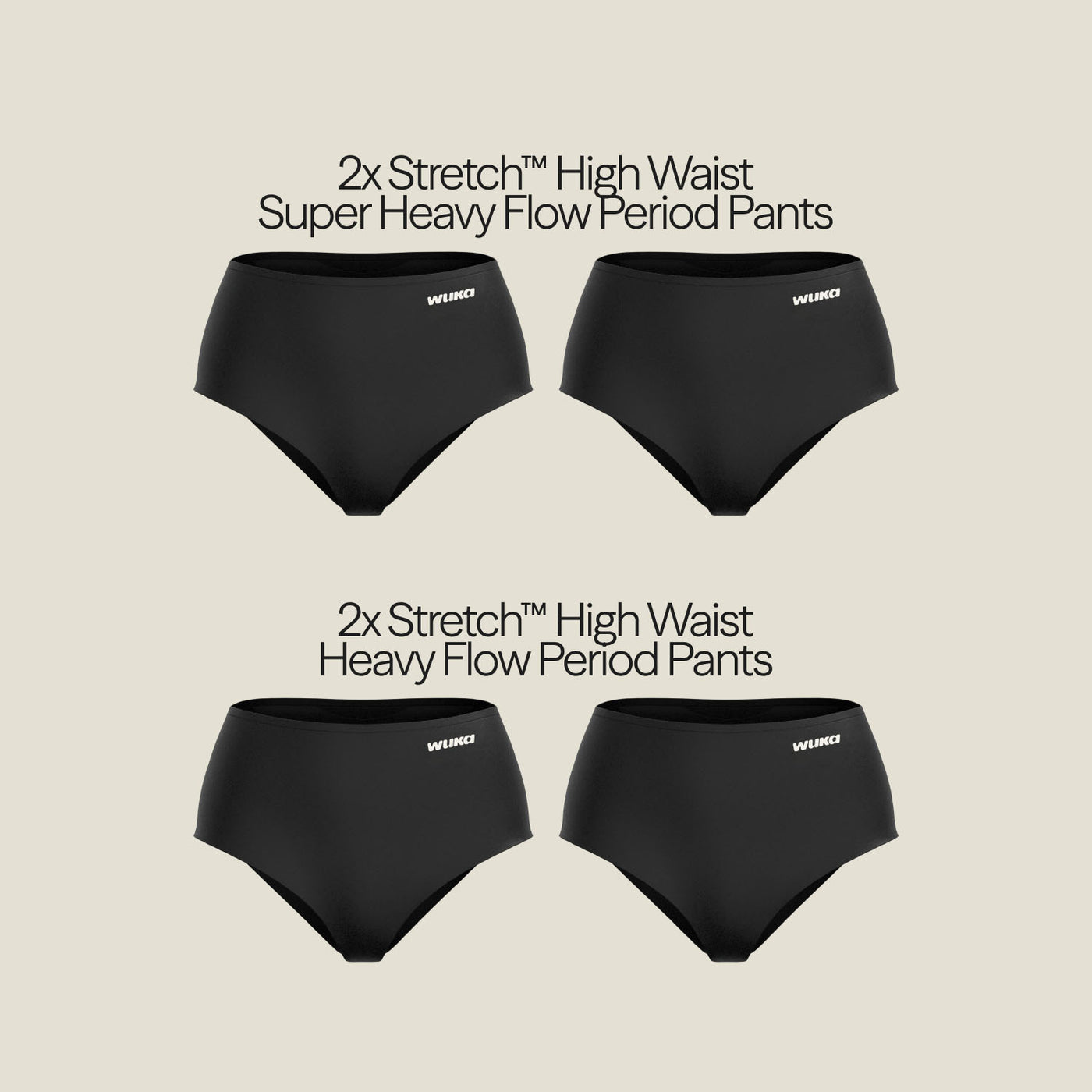 Flat lay of WUKA Stretch™ High Waist Postpartum Period Pants for heavy and super heavy flow, designed for ultimate leak-proof protection.