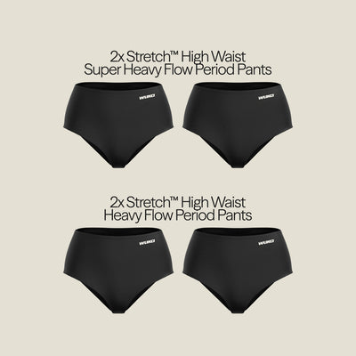 Flat lay of WUKA Stretch™ High Waist Postpartum Period Pants for heavy and super heavy flow, designed for ultimate leak-proof protection.