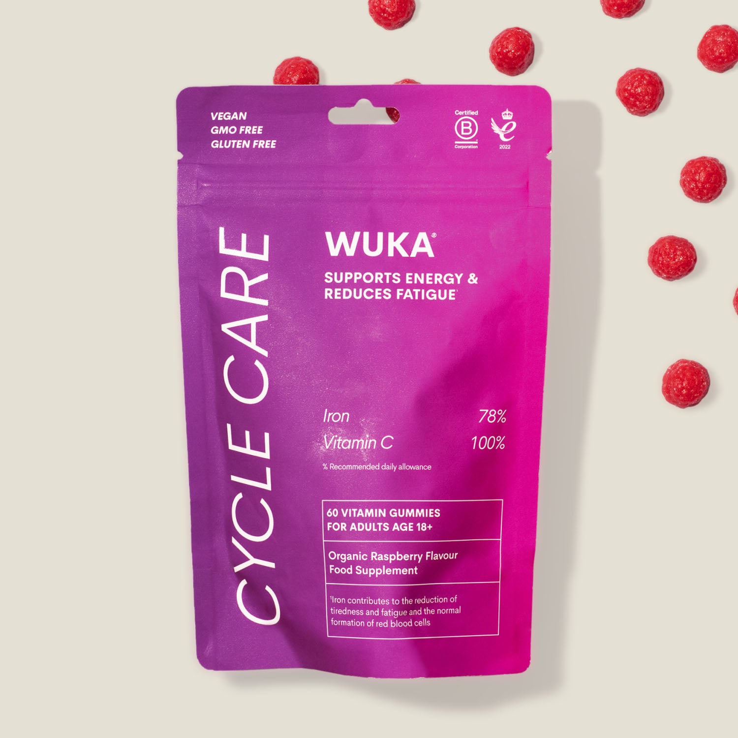 Front view of WUKA Cycle Care adult iron support gummies pouch with raspberry gummies – vegan vitamin supplement for fatigue relief.