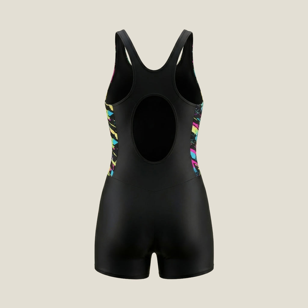 WUKA Lunafly Competition Legsuit, back view — knee-length leakproof heavy flow period swimsuit