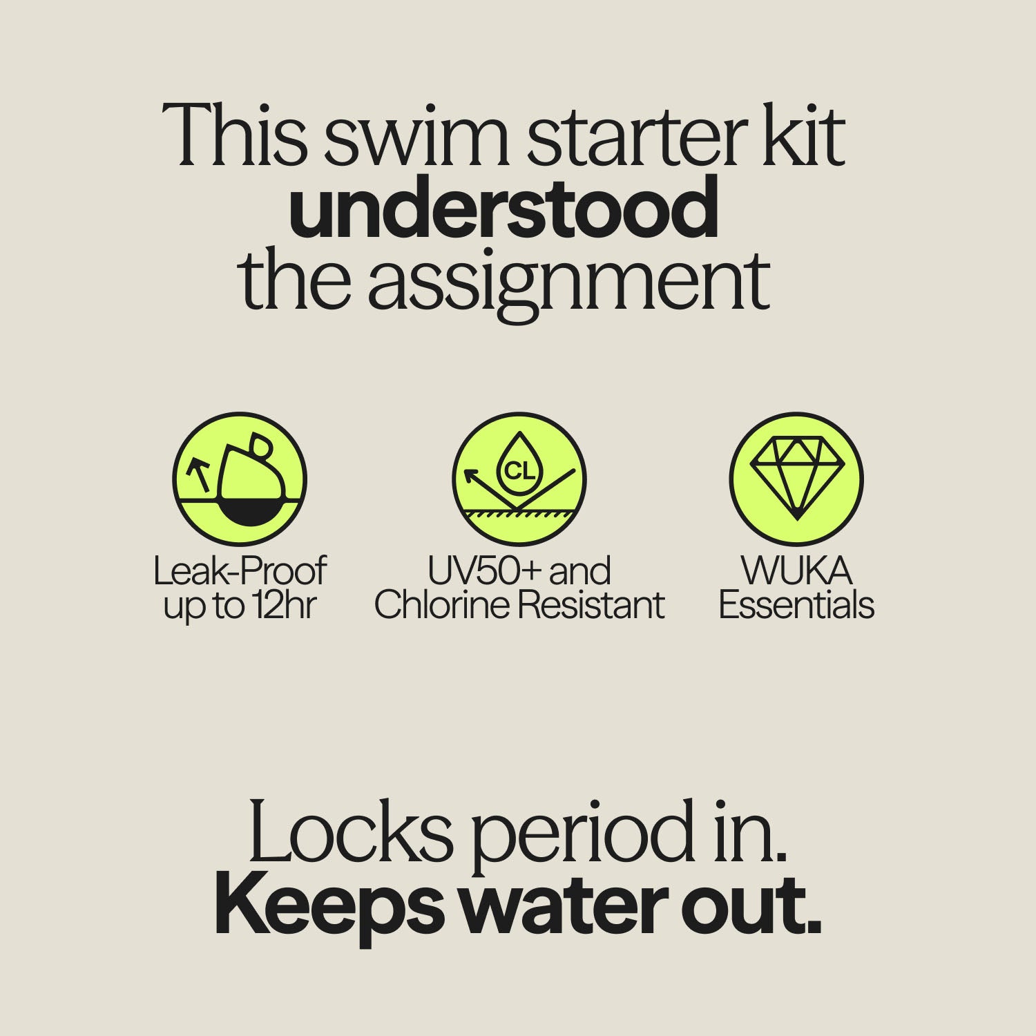 Period-proof swim shorts benefits showing leak-proof protection up to 12 hours, UV50+ and chlorine resistant design