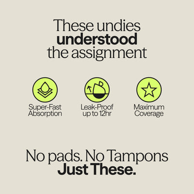 Graphic highlighting key features of WUKA Ultimate™ High Waist Duo – Heavy Flow, including super-fast absorption, 12-hour leak protection, and full coverage, with tagline: “No pads. No tampons. Just These.”