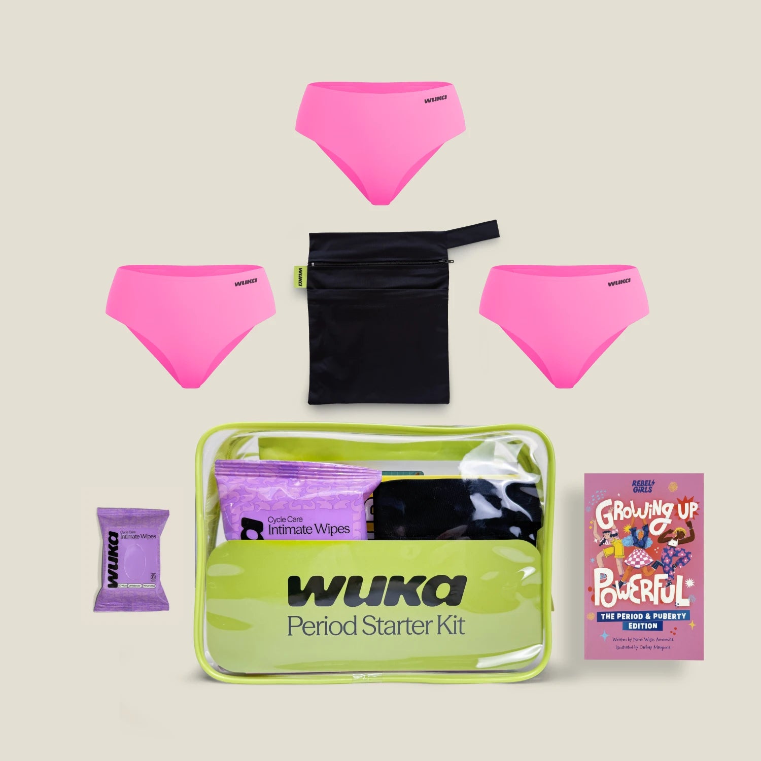 Teen period starter kit with 3 period pants, wet bag, wipes, and puberty education book by WUKA