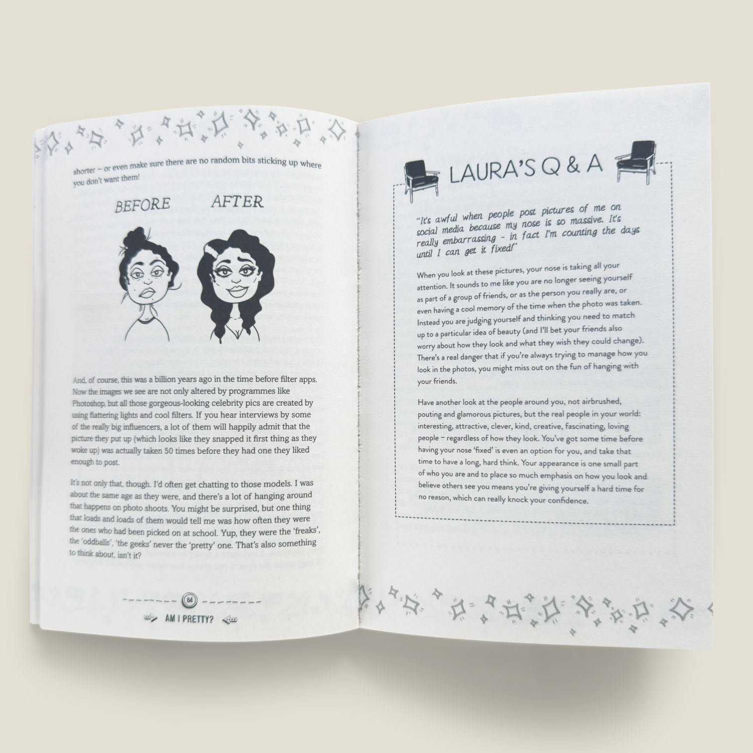 An internal spread from a teen puberty guide discussing the impact of social media filters on self-confidence, featuring "Before" and "After" illustrations and a Q&A section titled "Am I Pretty?"