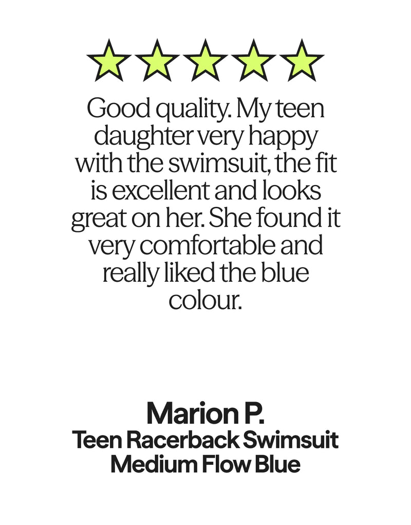 Product review for a teen racerback period swimsuit with five-star rating and text detailing satisfaction.