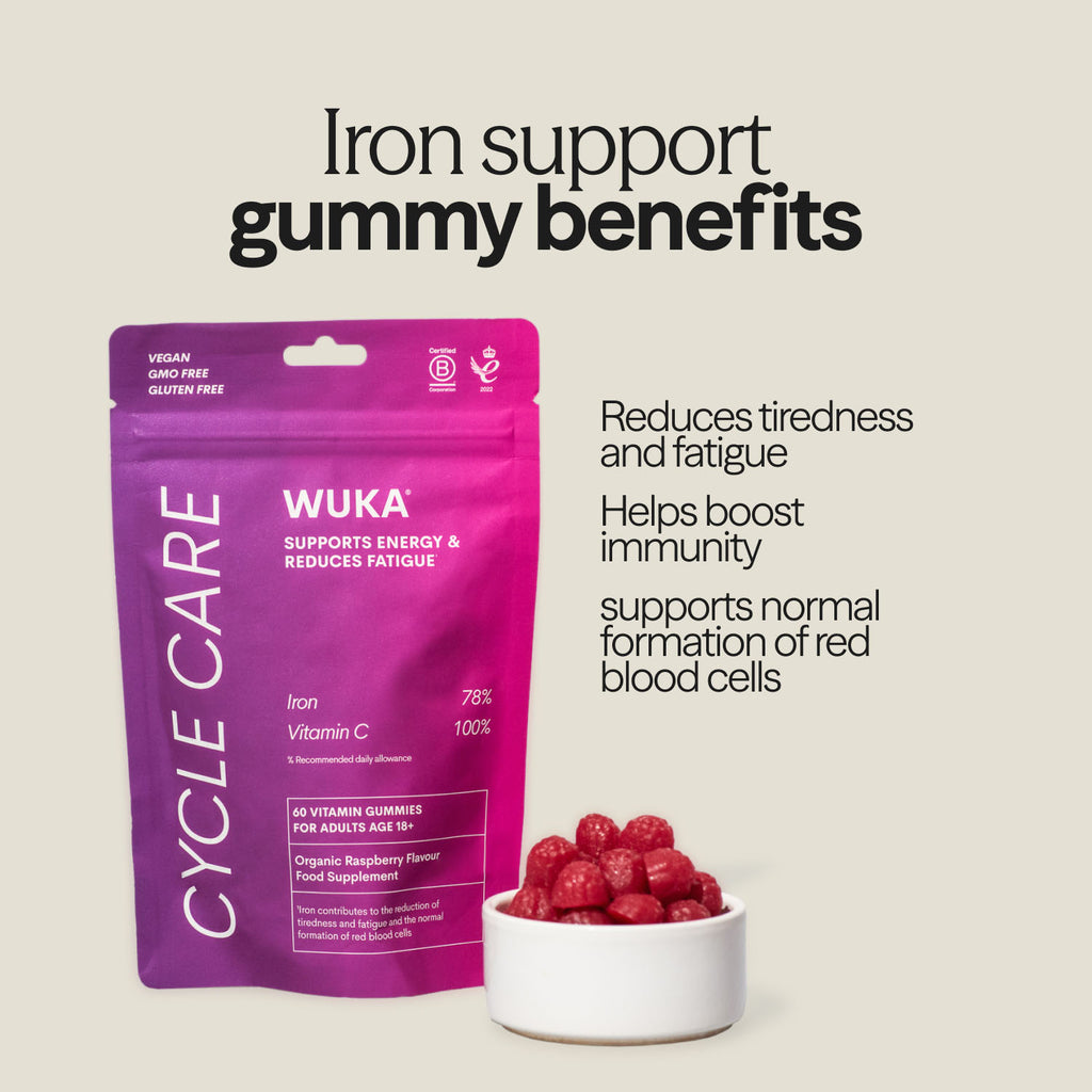 Key benefits of WUKA iron support gummies for adults – reduces tiredness, boosts immunity, supports red blood cell formation.