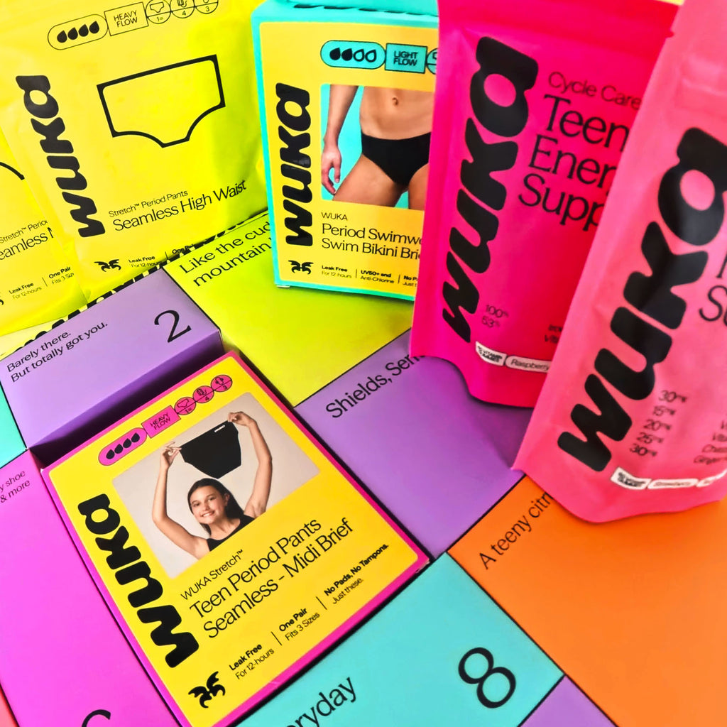 WUKA Teen Period Pants and Energy Support Gummies featured in the Period Positive Advent Calendar for teens