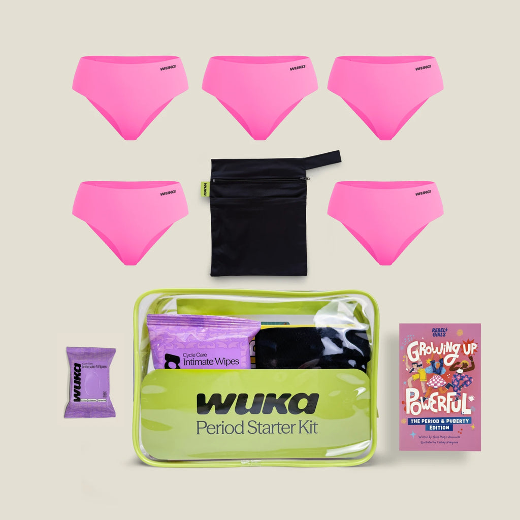 Teen period starter kit with 5 teen stretch super heavy flow period pants, wet bag, wipes, and puberty education book by WUKA