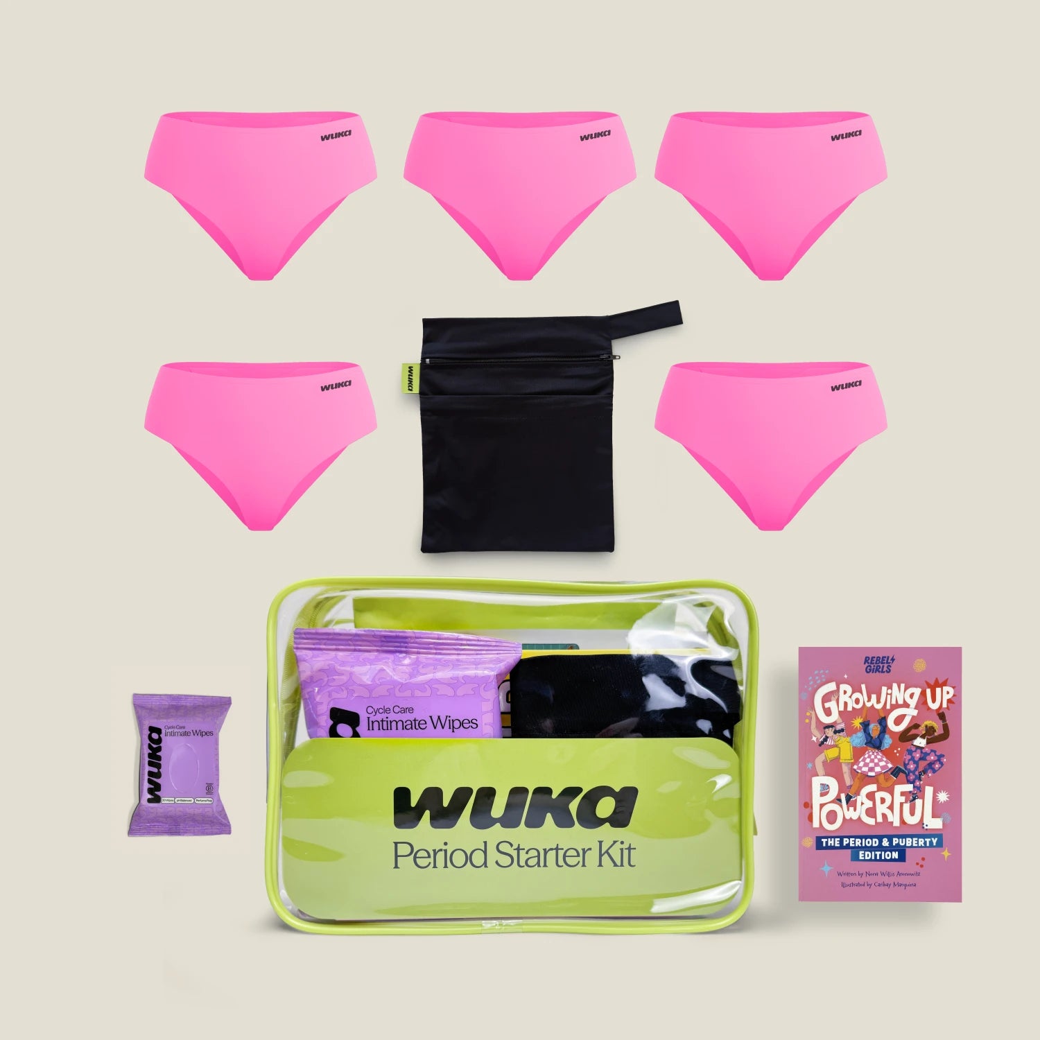 Teen period starter kit with 5 teen stretch super heavy flow period pants, wet bag, wipes, and puberty education book by WUKA
