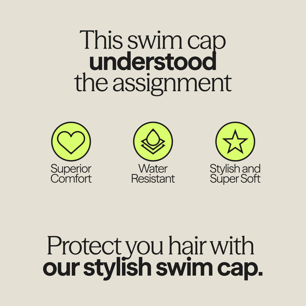 WUKA swim cap benefits graphic – superior comfort, water resistance, and super soft design.
