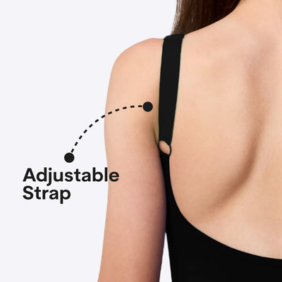 teen scoopback swimsuit black detail shot of adjustable strap
