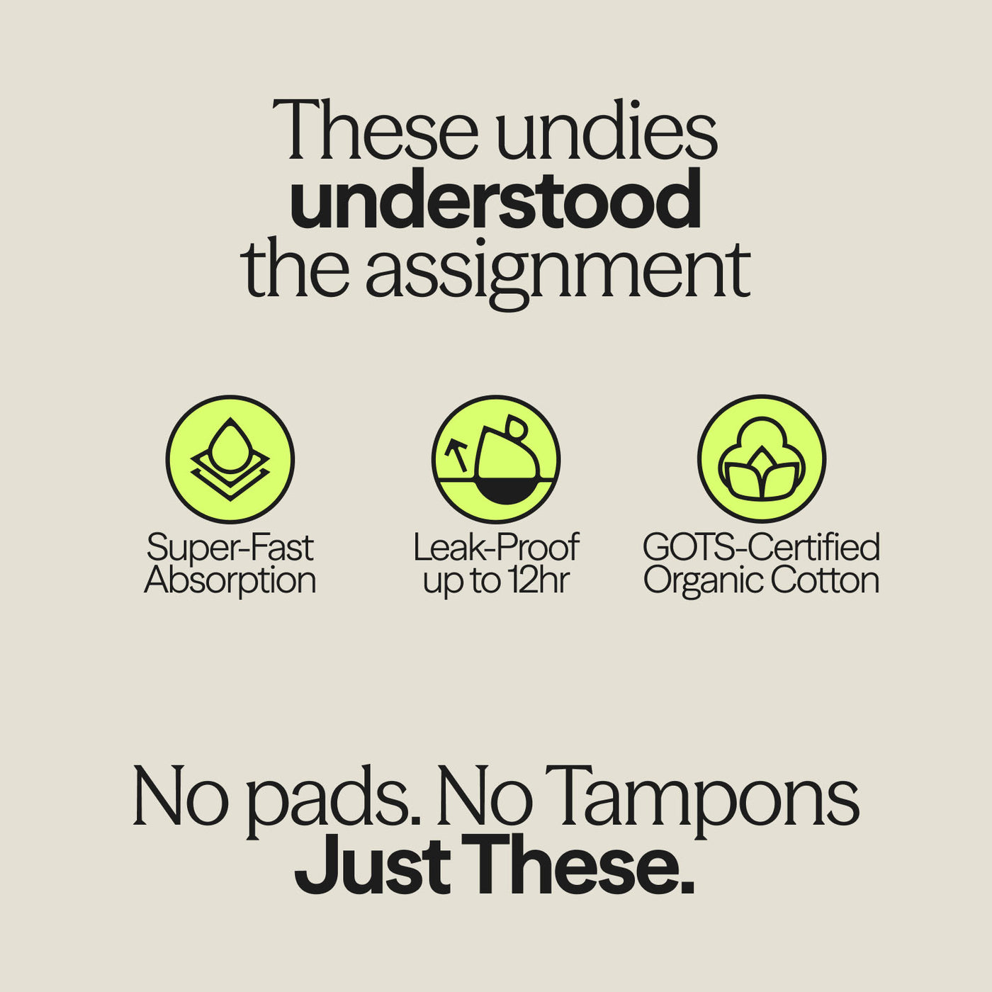 Infographic displaying features of WUKA Basics™ Hipster heavy flow underwear: 12-hour leak protection, fast absorption, and GOTS-certified organic cotton.
