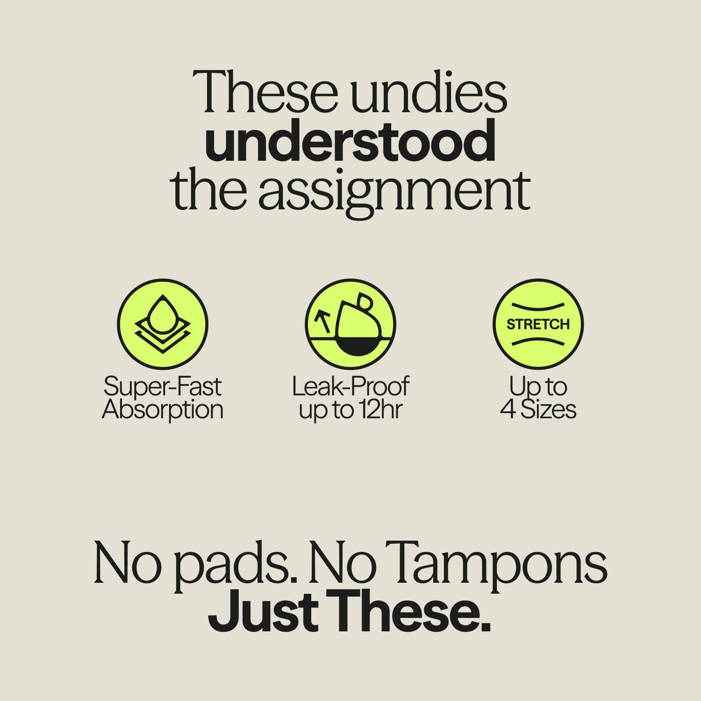 Infographic highlighting WUKA Stretch™ Postpartum Period Pants features: 12-hour leak-proof wear, fast absorption, and stretch fit for up to 4 sizes.