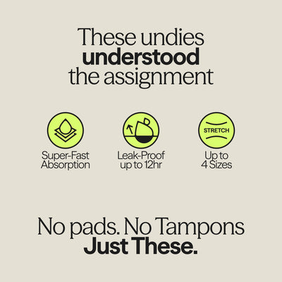 Infographic highlighting WUKA Stretch™ Postpartum Period Pants features: 12-hour leak-proof wear, fast absorption, and stretch fit for up to 4 sizes.