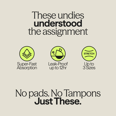 WUKA period pants features: super-fast absorption, 12hr leak protection, 3-size stretch fit. No pads or tampons needed—just these limited edition briefs.