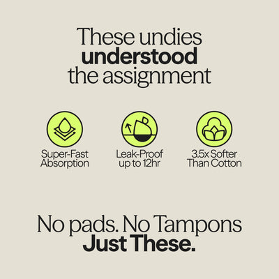 Infographic for WUKA Ultimate™ Postpartum Period Pants, promoting 12-hour leak-proof wear, super-fast absorption, and softness 3.5x greater than cotton – no pads, no tampons needed.