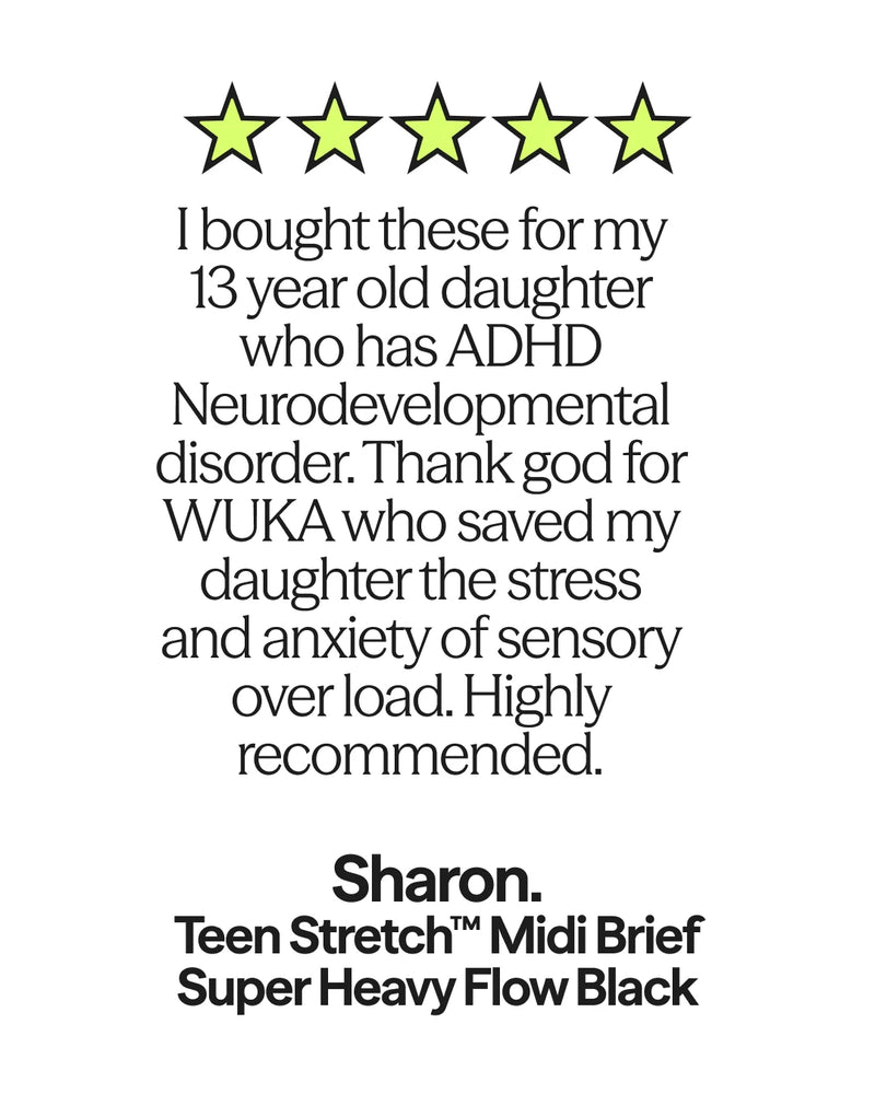 Five-star review for WUKA Teen Stretch Midi Briefs Super Heavy Flow period pants on a white background